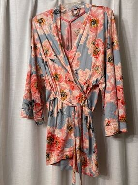 3 piece set- robe, tank, and shorts- blue/Gray Floral with Pink & Coral Blooms